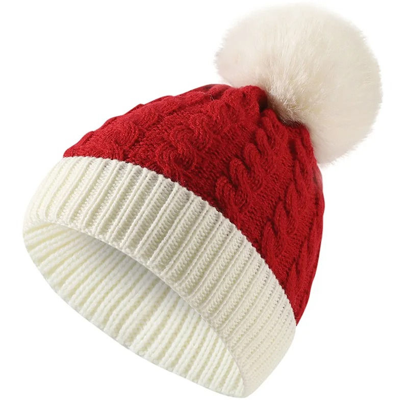 Christmas Color Block Knitted Pom Pom Beanie Hat
