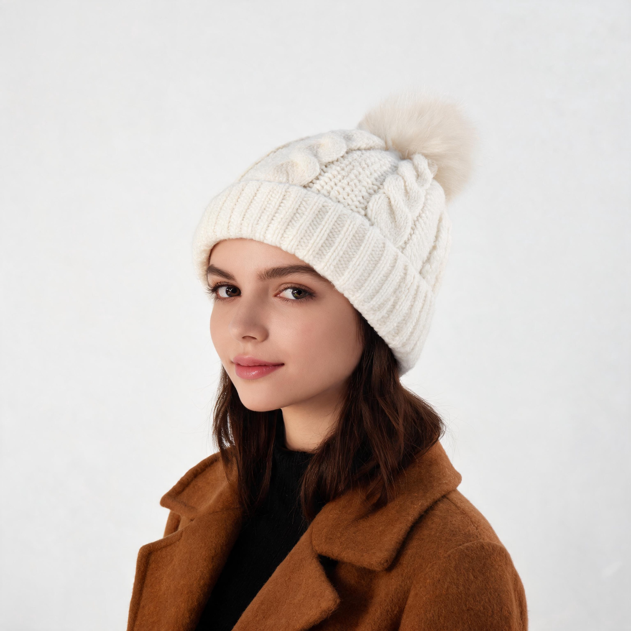 Women's Winter Cable Knit Beanie Hat with Faux Fur Pom Pom Warm Soft Cuffed Cap