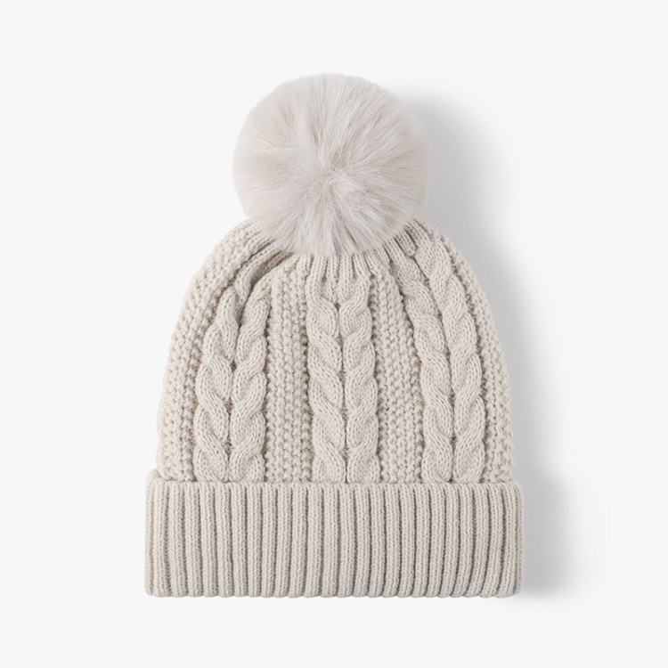 Winter Warm Cable Knit Beanie with Faux Fur Pom