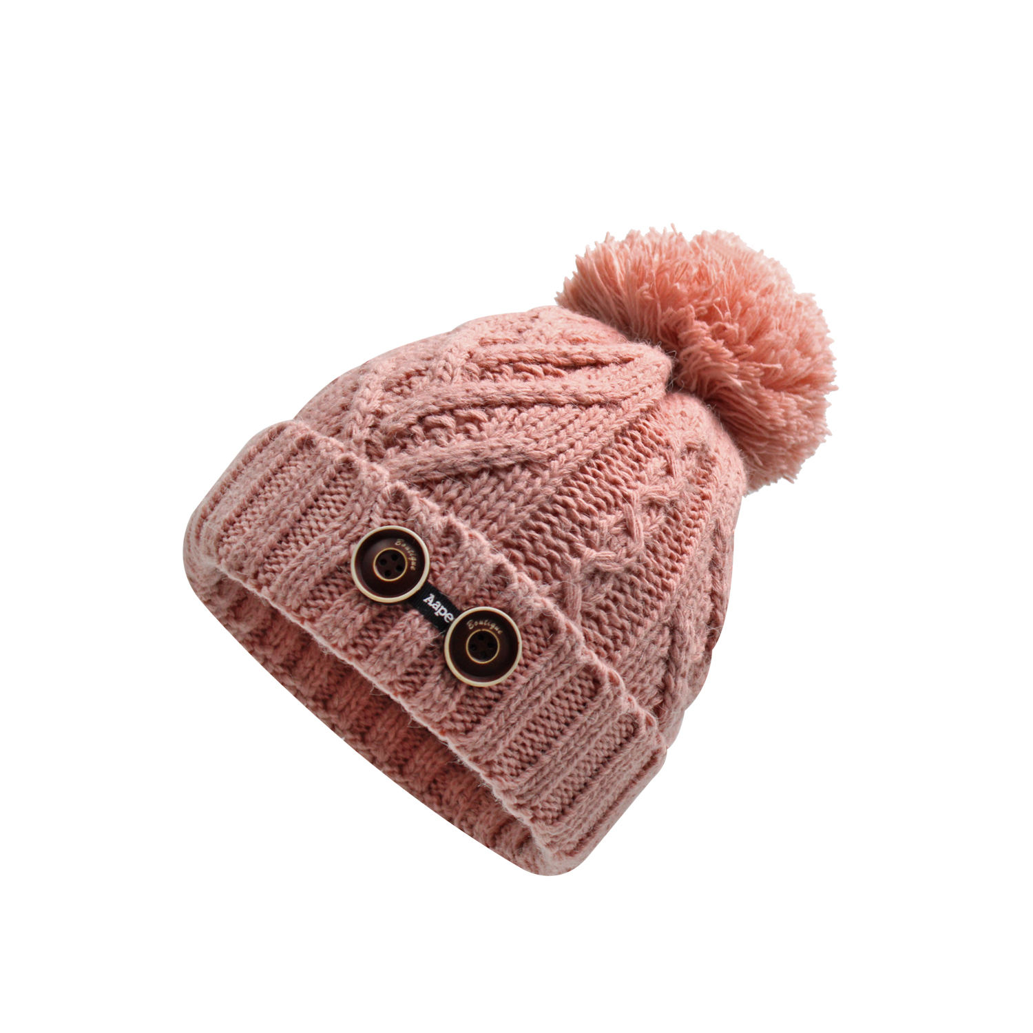 Women’s Cable Knit Cuffed Pom Pom Beanie Hat with Double Button Detail