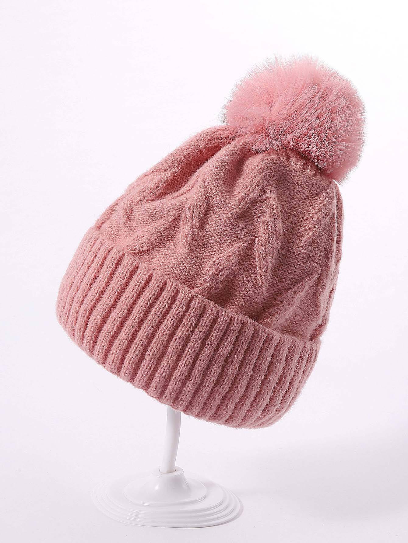 Women's Winter Cable Knit Beanie Hat with Ribbed Cuff and Fluffy Faux Fur Pom Pom