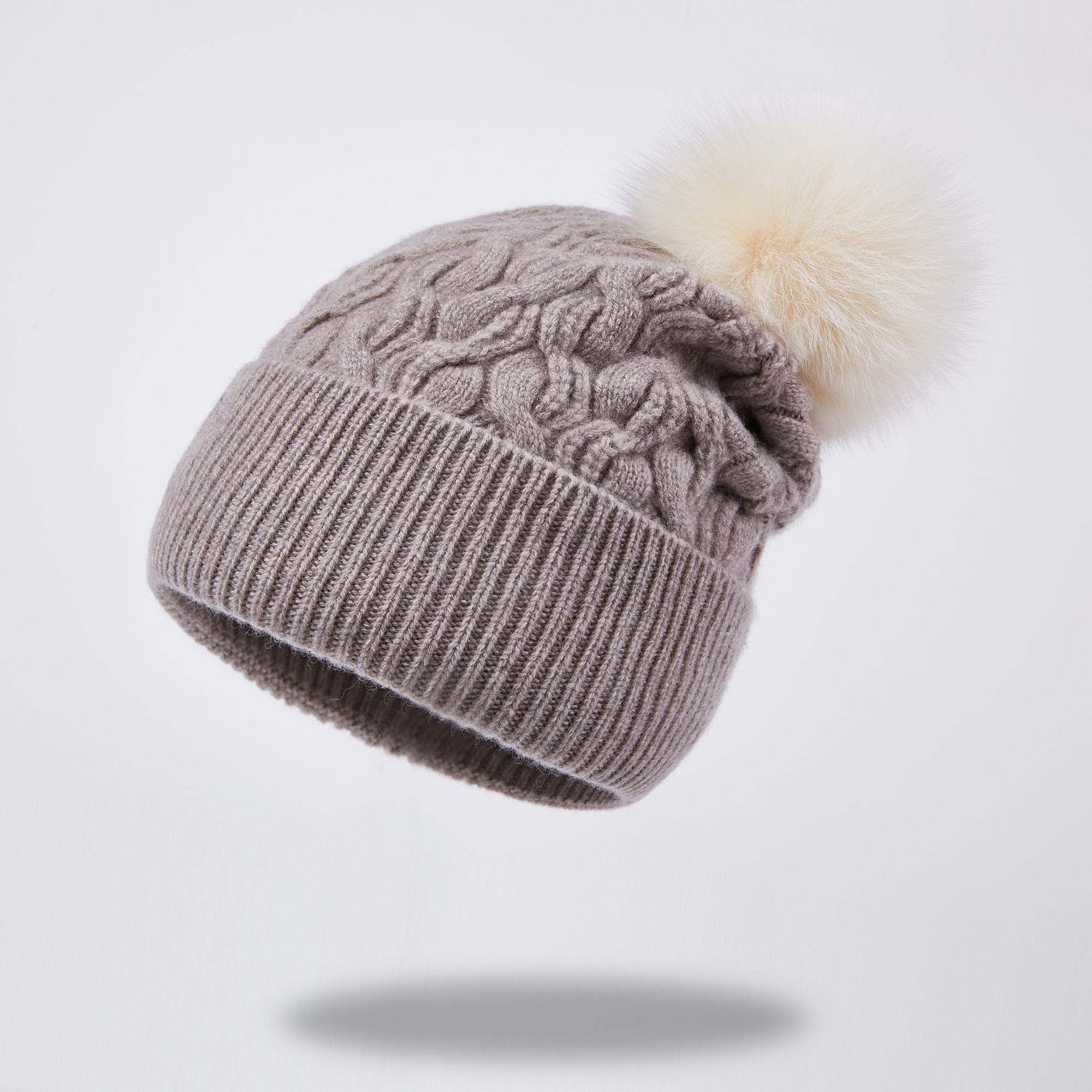 Cable Knit Cuffed Beanie Hat with Faux Fur Pom Pom