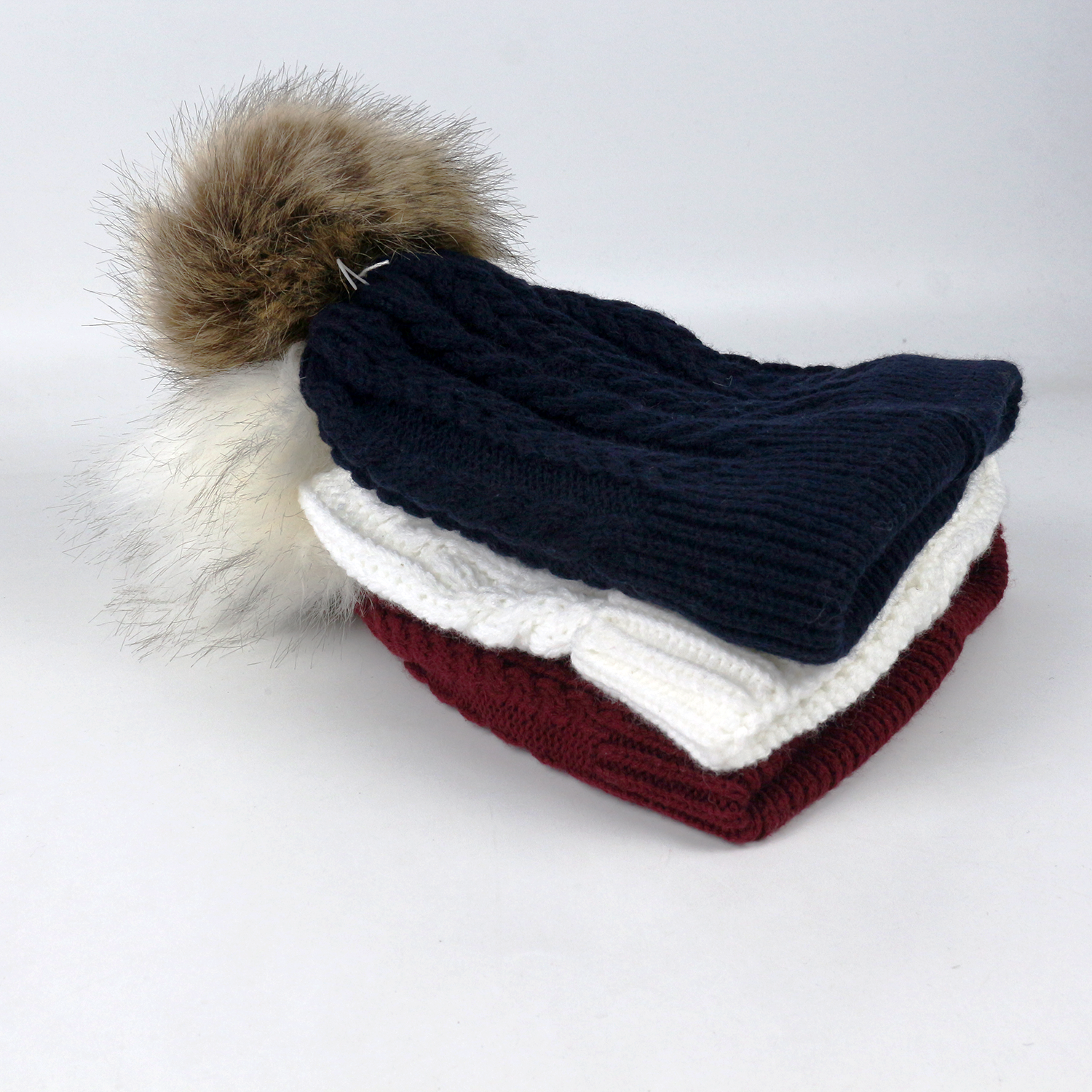 Winter Cable Knit Cuffed Beanie Hat with Faux Fur Pom Pom – Warm Ribbed Knit Cap in Navy, Ivory & Burgundy