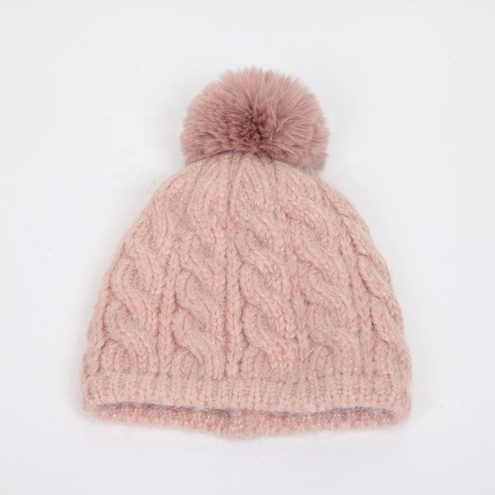 Winter Cable Knit Pom Pom Beanie Hat Set in Grey Cream and Pink
