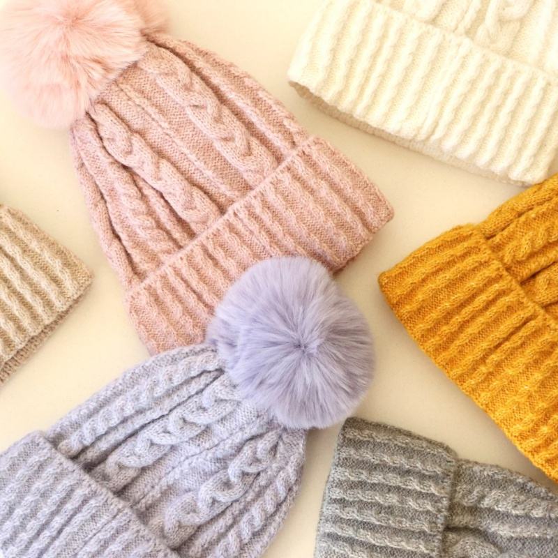 Women's Winter Warm Cable Knit Beanie Hat with Fluffy Faux Fur Pom Pom