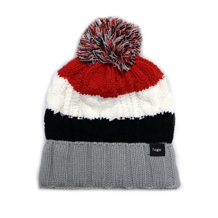 Striped Chunky Cable Knit Cuffed Pom Pom Beanie Hat