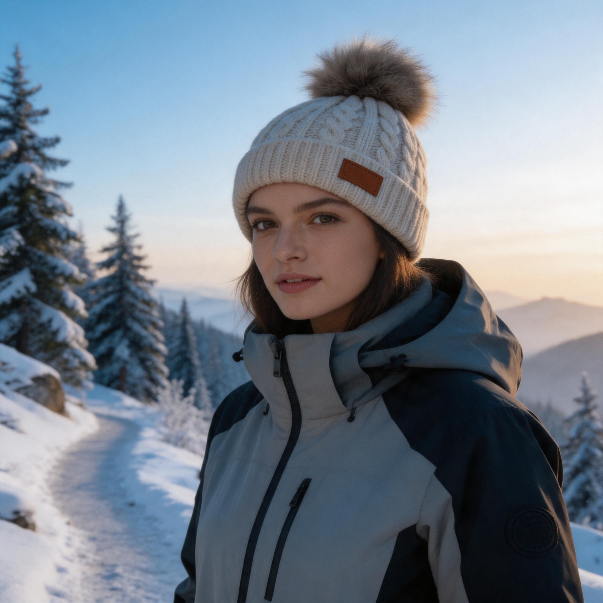 Women's Chunky Cable Knit Beanie Hat with Faux Fur Pom Pom and Leather Patch