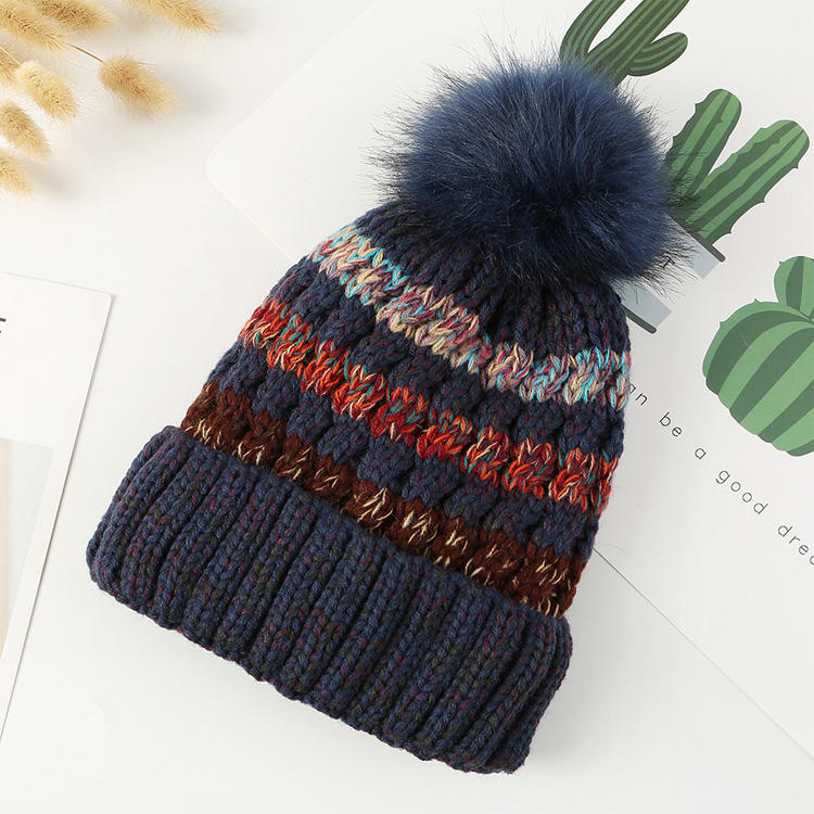 Striped Cable Knit Cuffed Beanie with Faux Fur Pom Pom