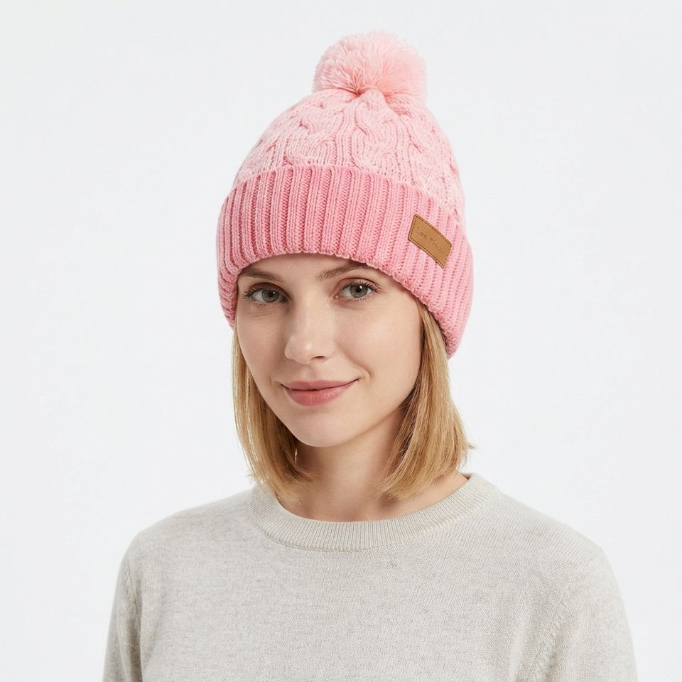 Winter Cable Knit Pom Pom Beanie Hat with Warm Cuffed Design