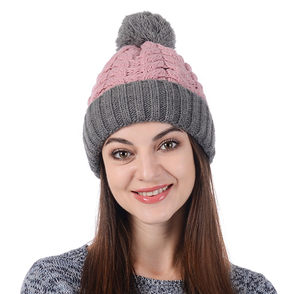 Pink and Gray Cable Knit Cuffed Pom Pom Winter Beanie