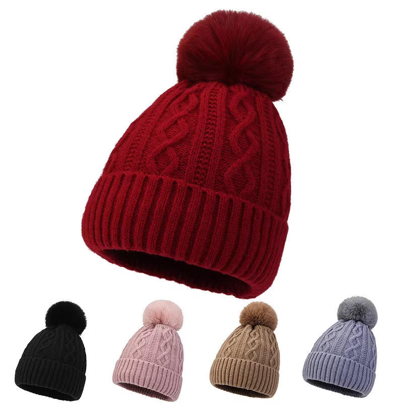 Winter Warm Cable Knit Beanie with Faux Fur Pom Pom