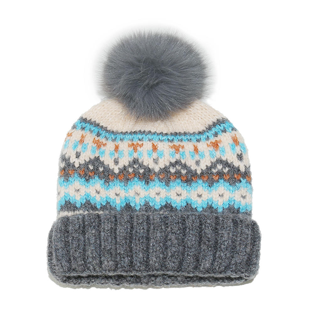 Nordic Fair Isle Winter Knit Beanie with Faux Fur Pom Pom