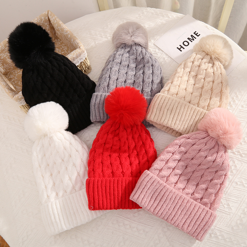 Women's Winter Cable Knit Beanie with Faux Fur Pom Pom