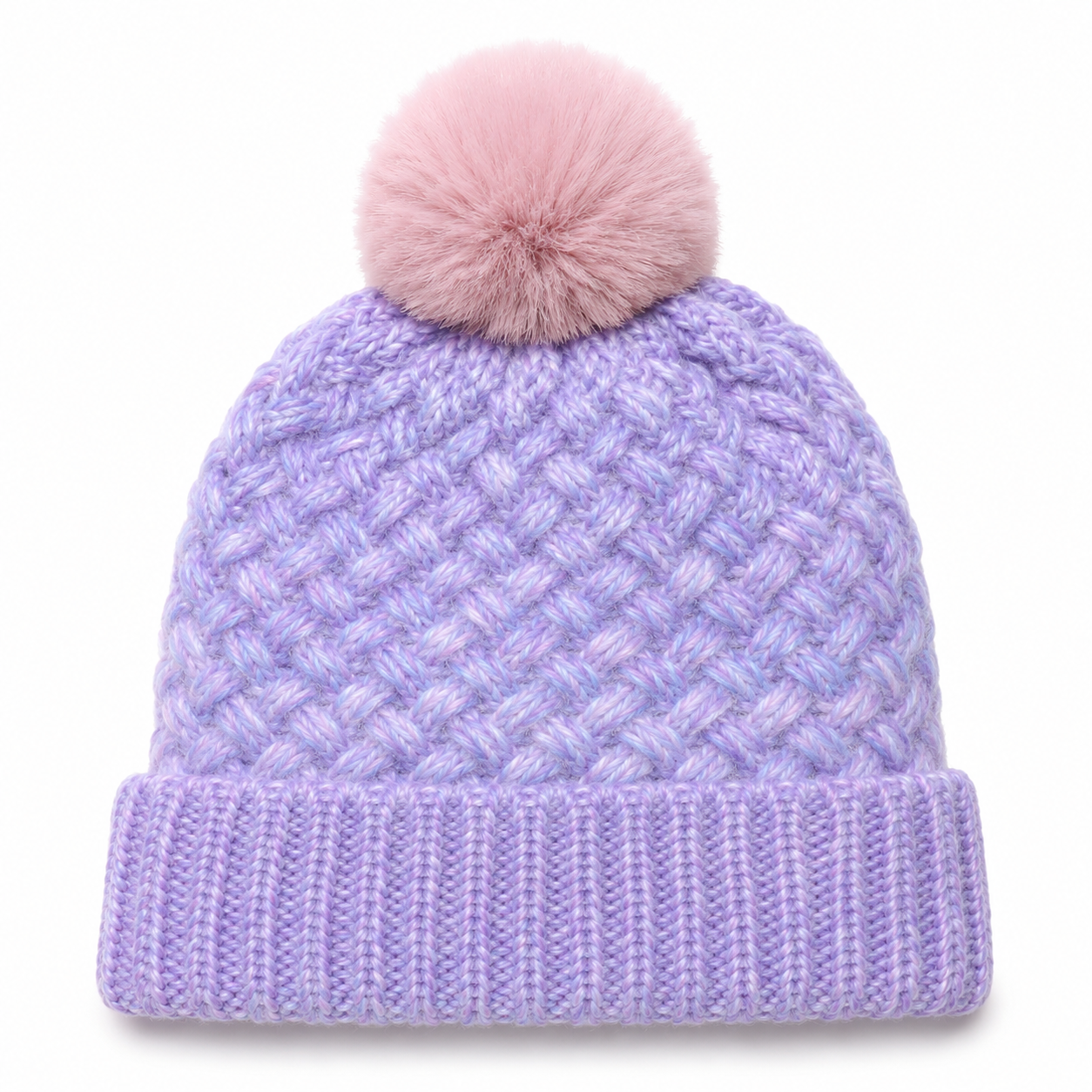 Pastel Gradient Cable Knit Pom Pom Cuffed Beanie