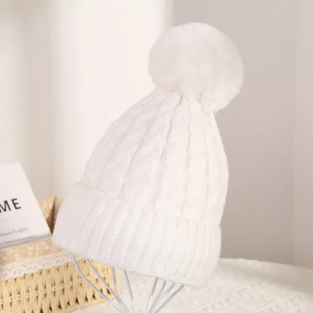 Winter Warm Knit Beanie Hat with Faux Fur Pom for Women - Soft Ribbed Cuffed Style