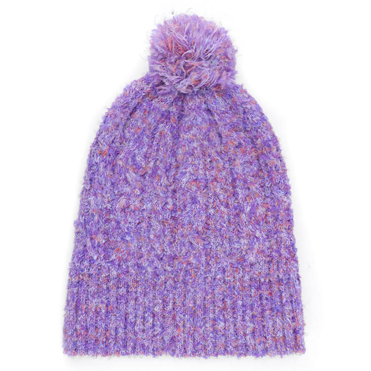 Heathered Purple and Sage Chunky Knit Pom Pom Cuffed Beanie