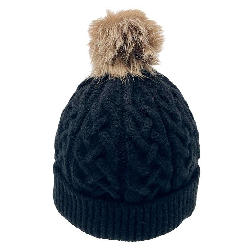 Warm Cable Knit Beanie Hat with Faux Fur Pom Pom Cuffed Winter Cap