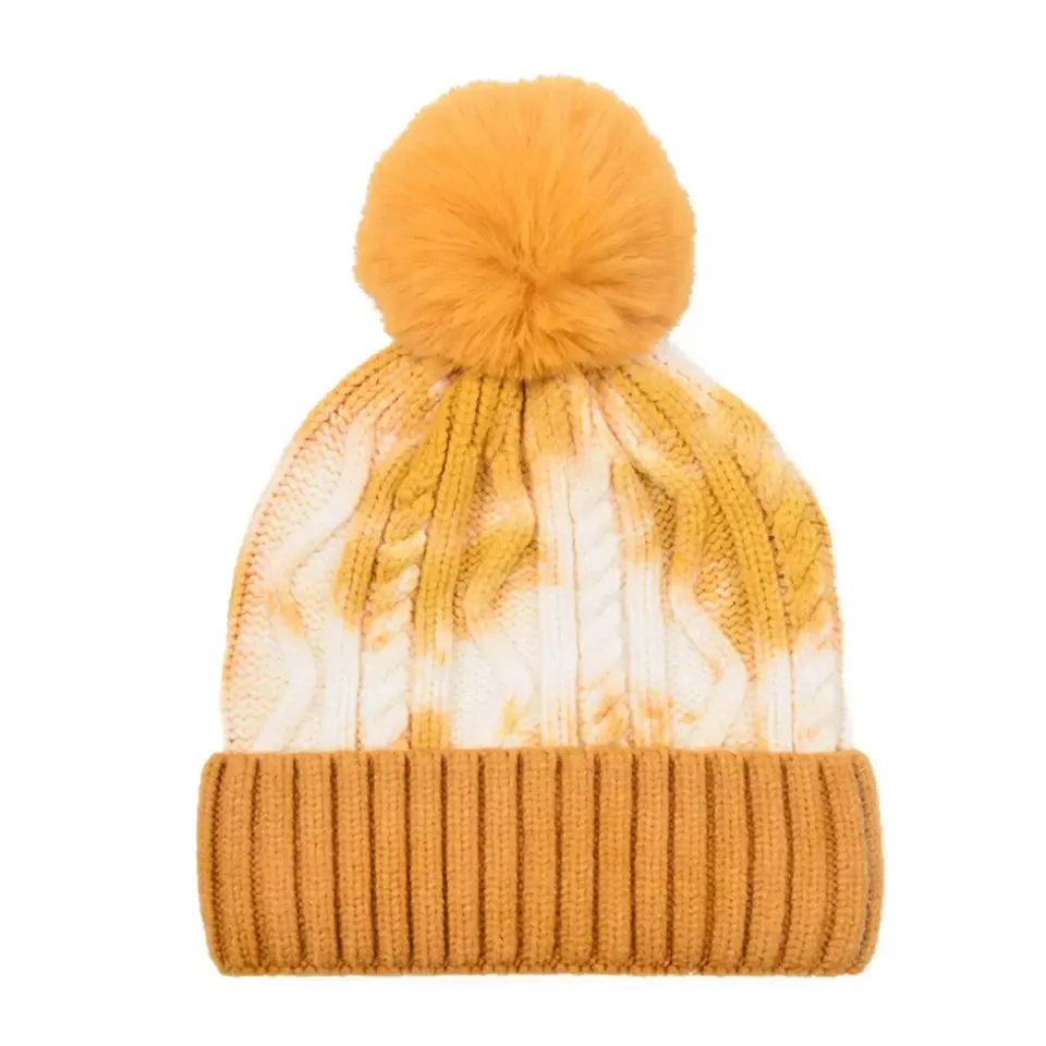 Tie Dye Winter Beanie with Faux Fur Pom Pom for Men Women