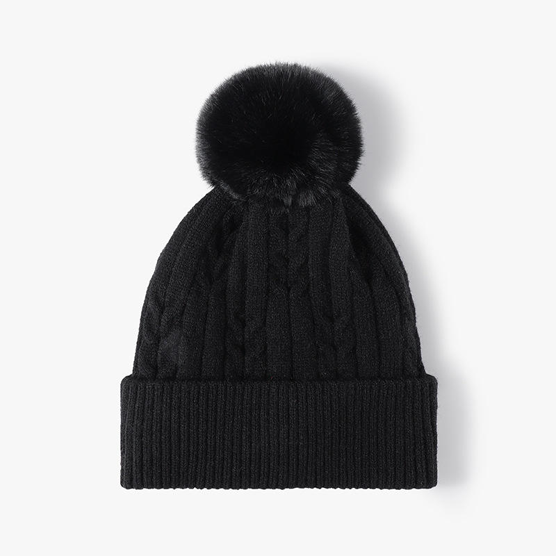 Women Men Winter Cable Knit Beanie Hat with Faux Fur Pom Pom Soft Warm Cuffed Design