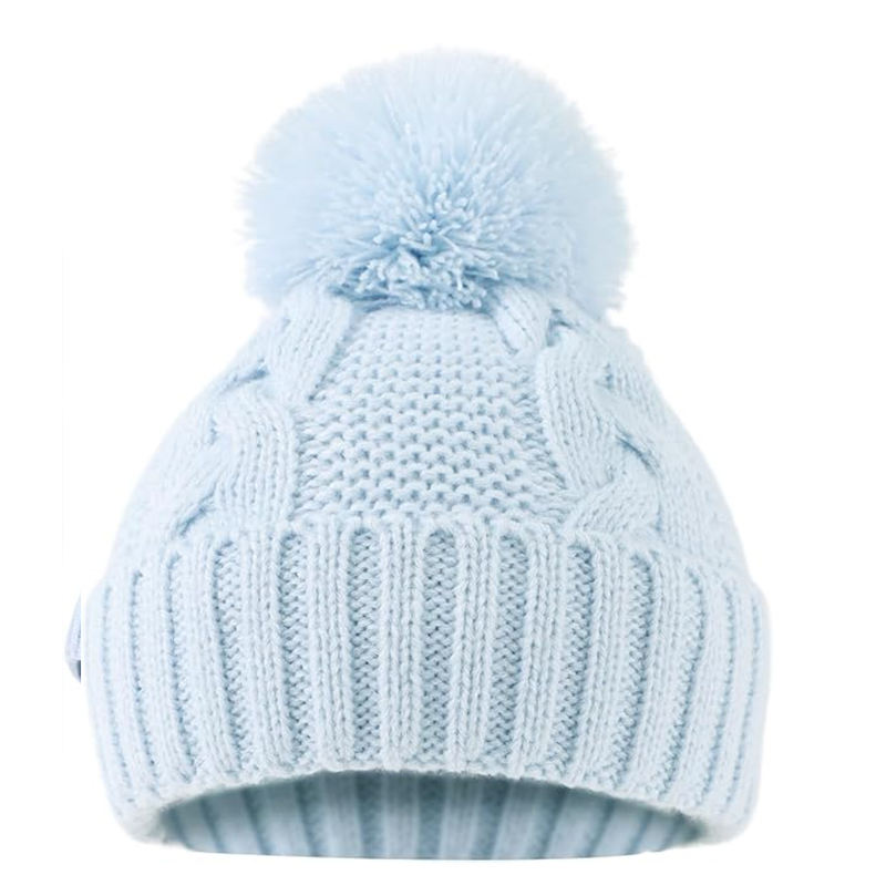 Soft Cable Knit Pom Pom Beanie Hat with Ribbed Cuff Winter Warm Knitted Cap