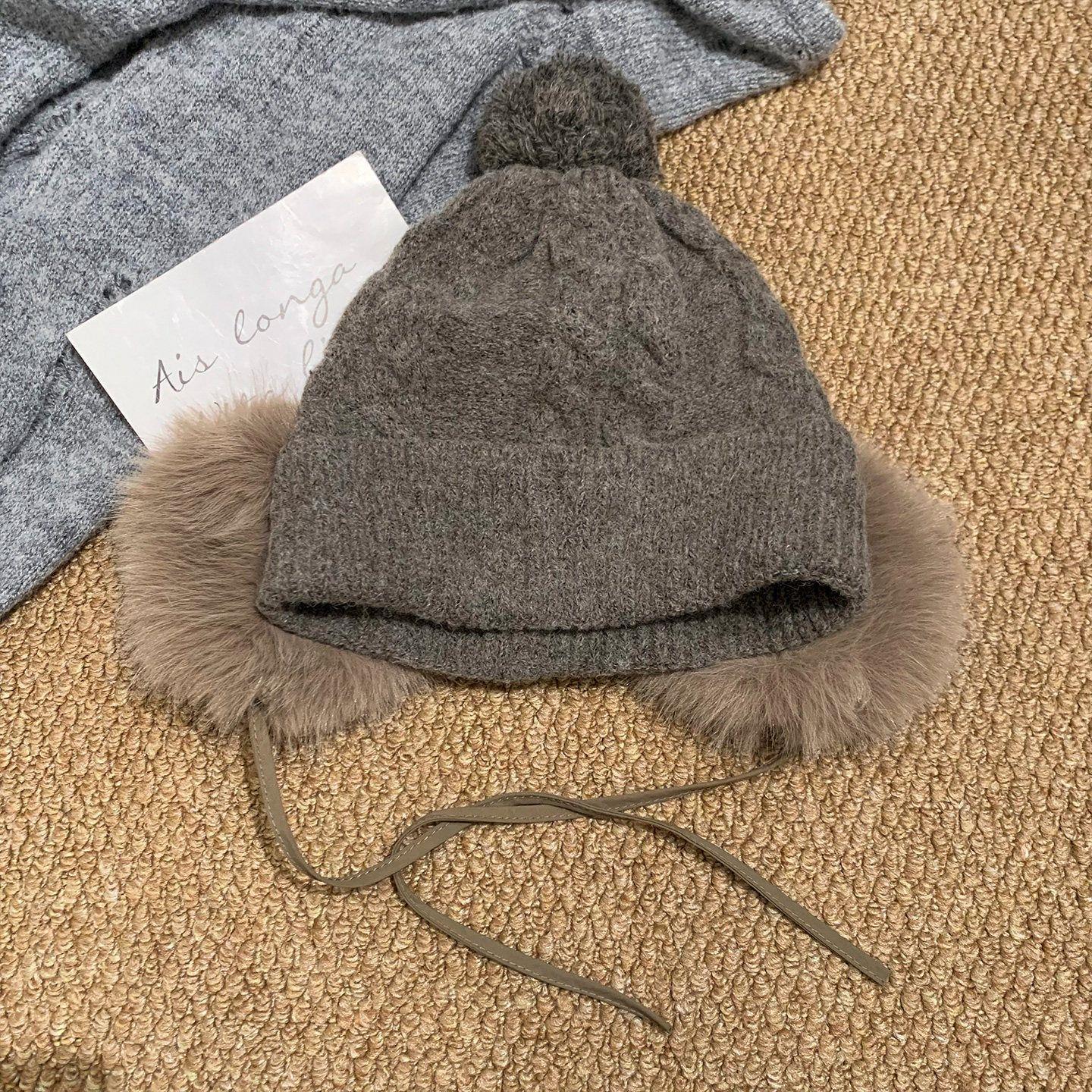 Winter Cable Knit Beanie Hat with Faux Fur Side Pom Poms and Cuffed Design