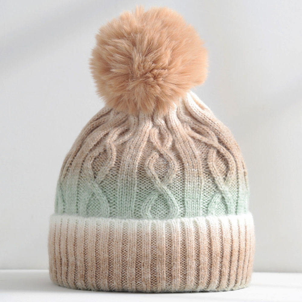 Gradient Cable Knit Beanie Hat with Faux Fur Pom Pom Winter Cap