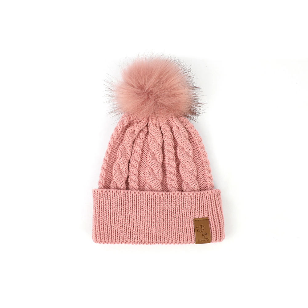 Winter Chunky Knit Beanie with Faux Fur Pom - Multiple Colors