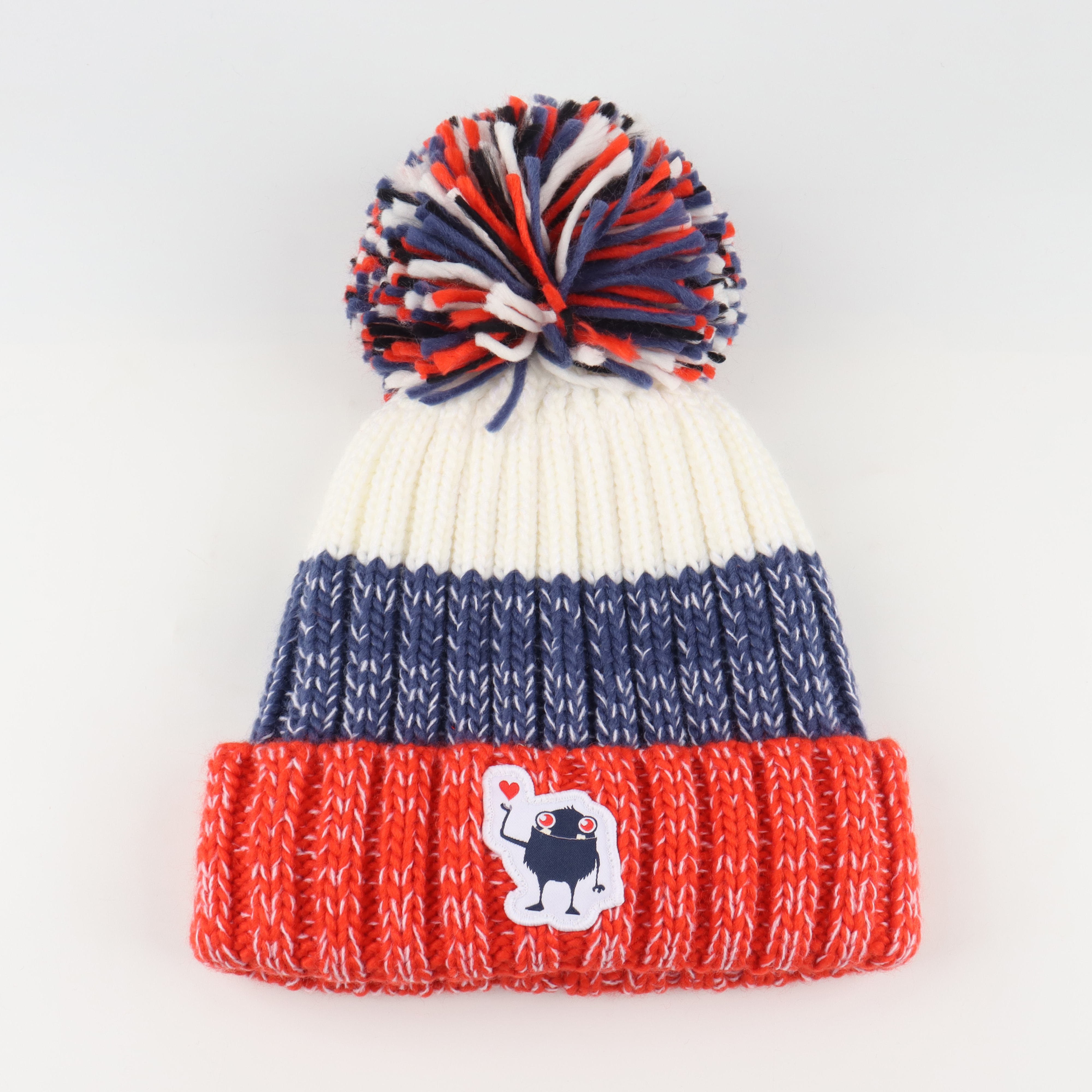 Color Block Cuffed Knit Pom Pom Beanie with Cartoon Patch