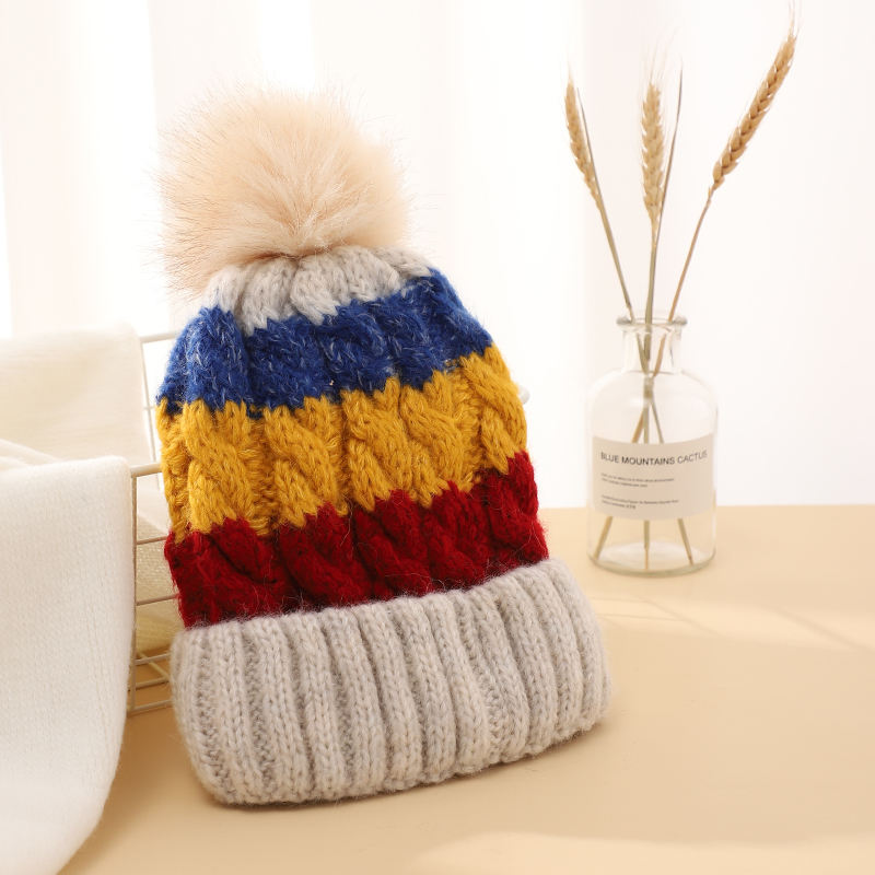 Color Block Cable Knit Winter Beanie Hat with Oversized Faux Fur Pom Pom and Ribbed Foldover Cuff