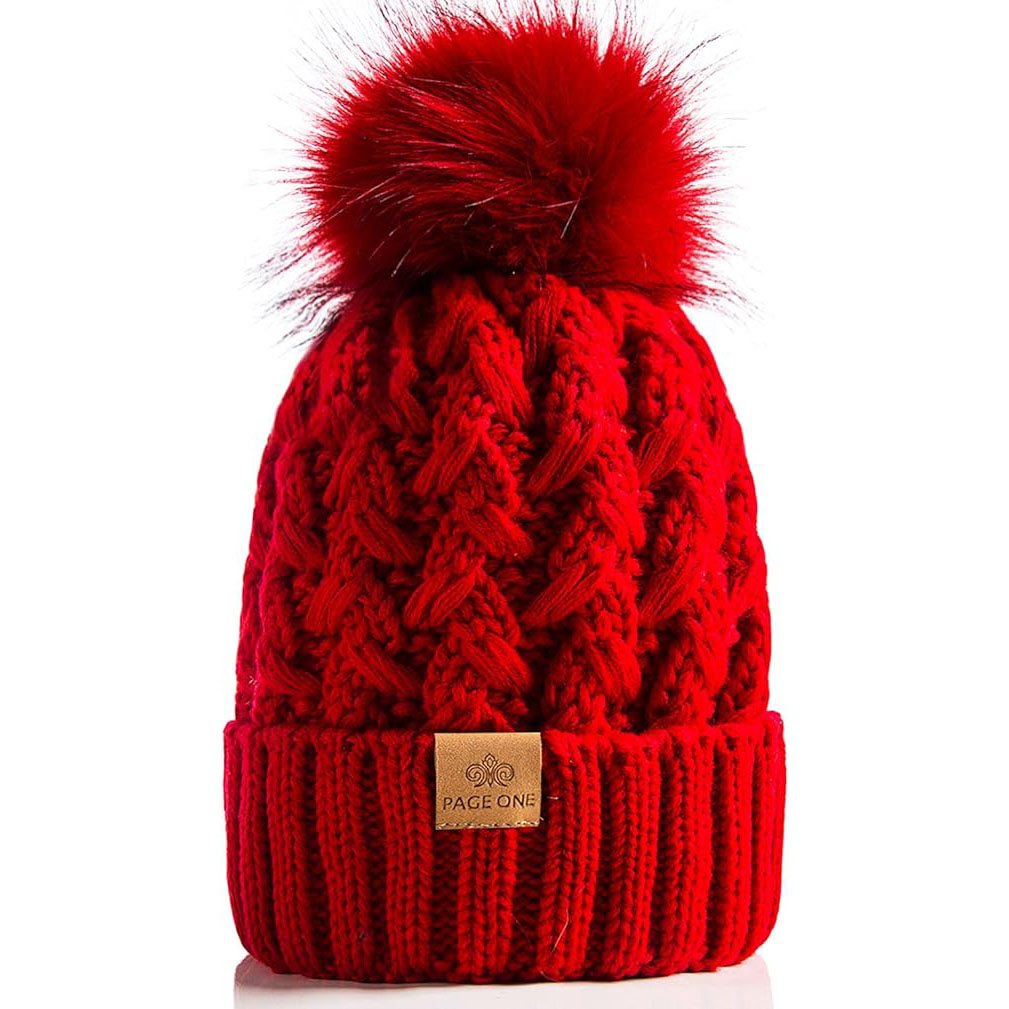Winter Cable Knit Beanie with Faux Fur Pom Pom Thick Cuffed Warm Hat