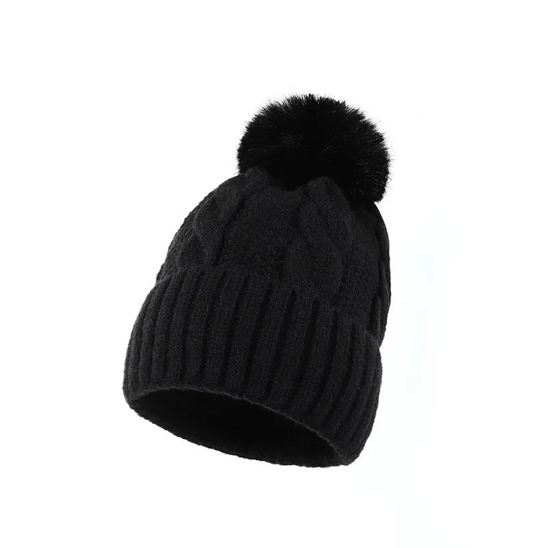Winter Cable Knit Beanie with Faux Fur Pom Pom