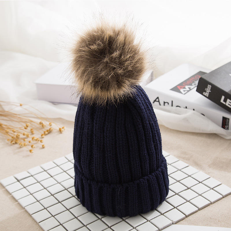 Winter Faux Fur Pom Beanie – Thick Knit Cuffed Warm Hat