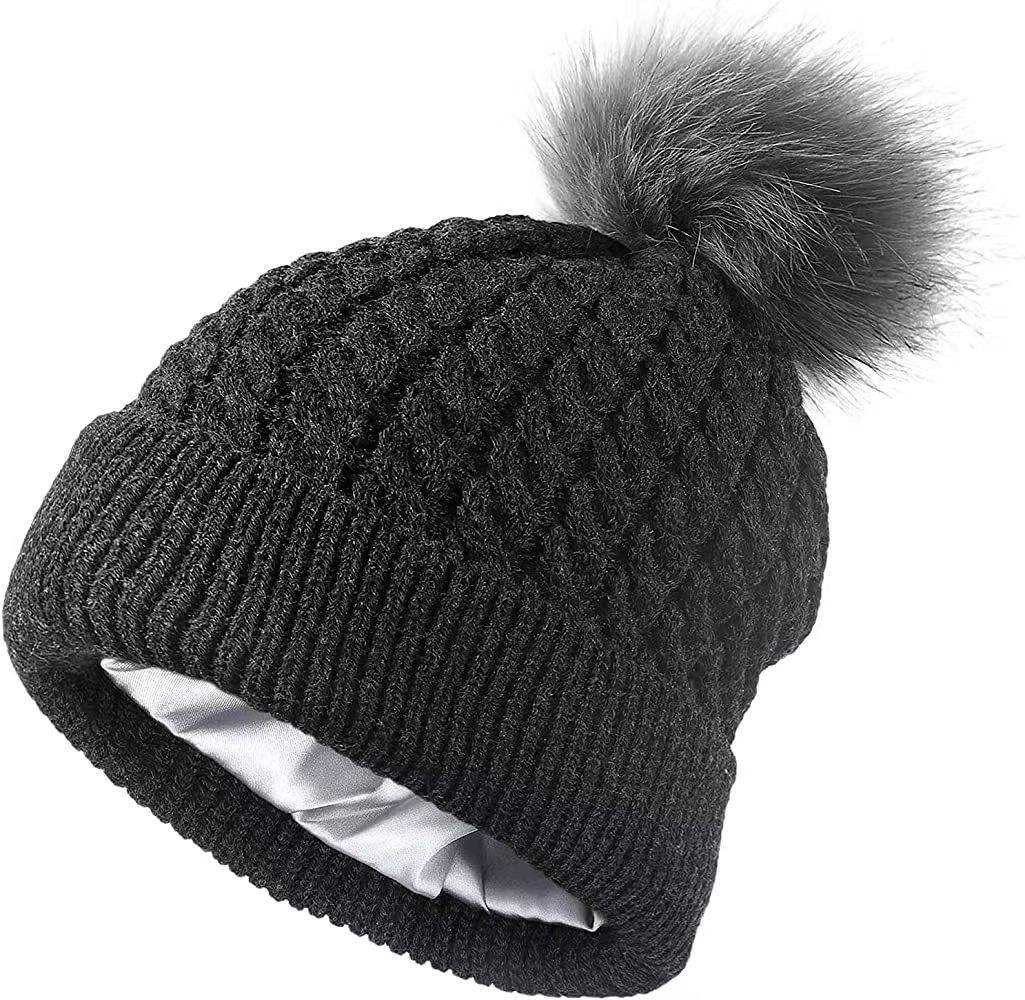 Cable Knit Cuffed Pom Pom Beanie with Faux Fur Top