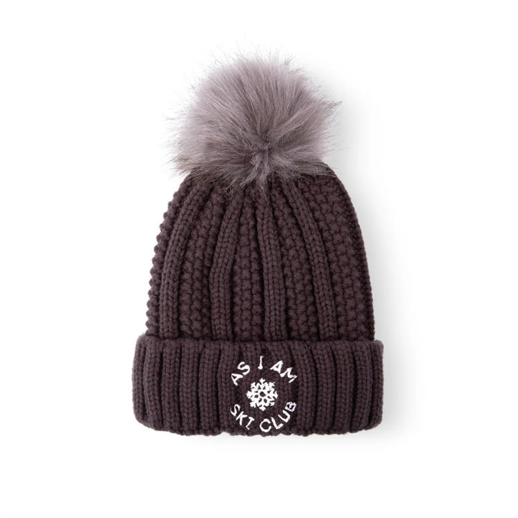 Winter Cable Knit Cuffed Beanie with Faux Fur Pom Pom and Embroidered Ski Club Snowflake Logo – Unisex Warm Ribbed Hat
