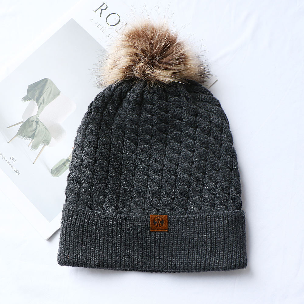 Charcoal Textured Knit Beanie with Fluffy Pom and Folded Brim
