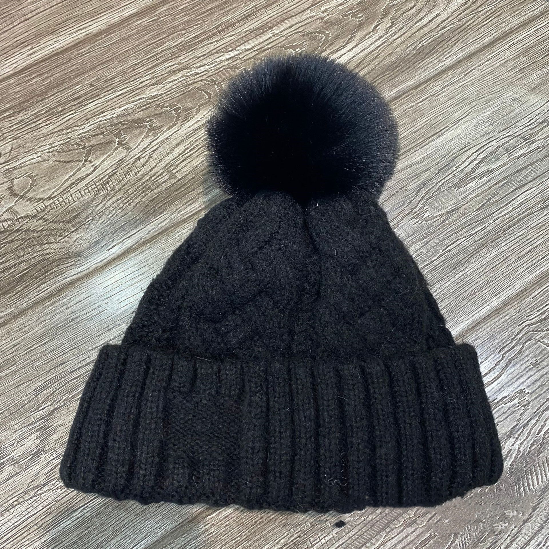 Cable Knit Pom Pom Beanie with Ribbed Fold Cuff – Winter Warm Hat