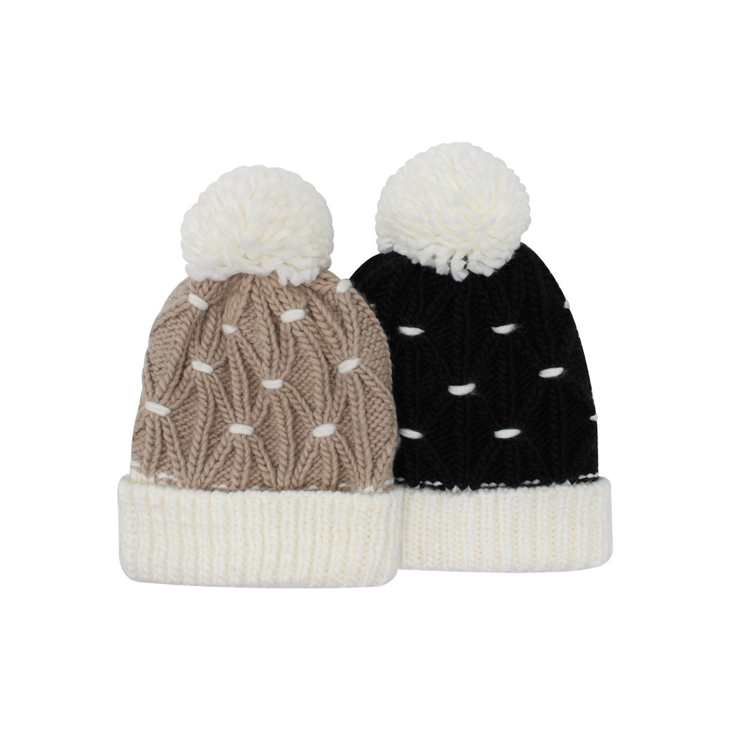 Cable Knit Cuffed Pom Pom Beanie Hat in Beige and Black