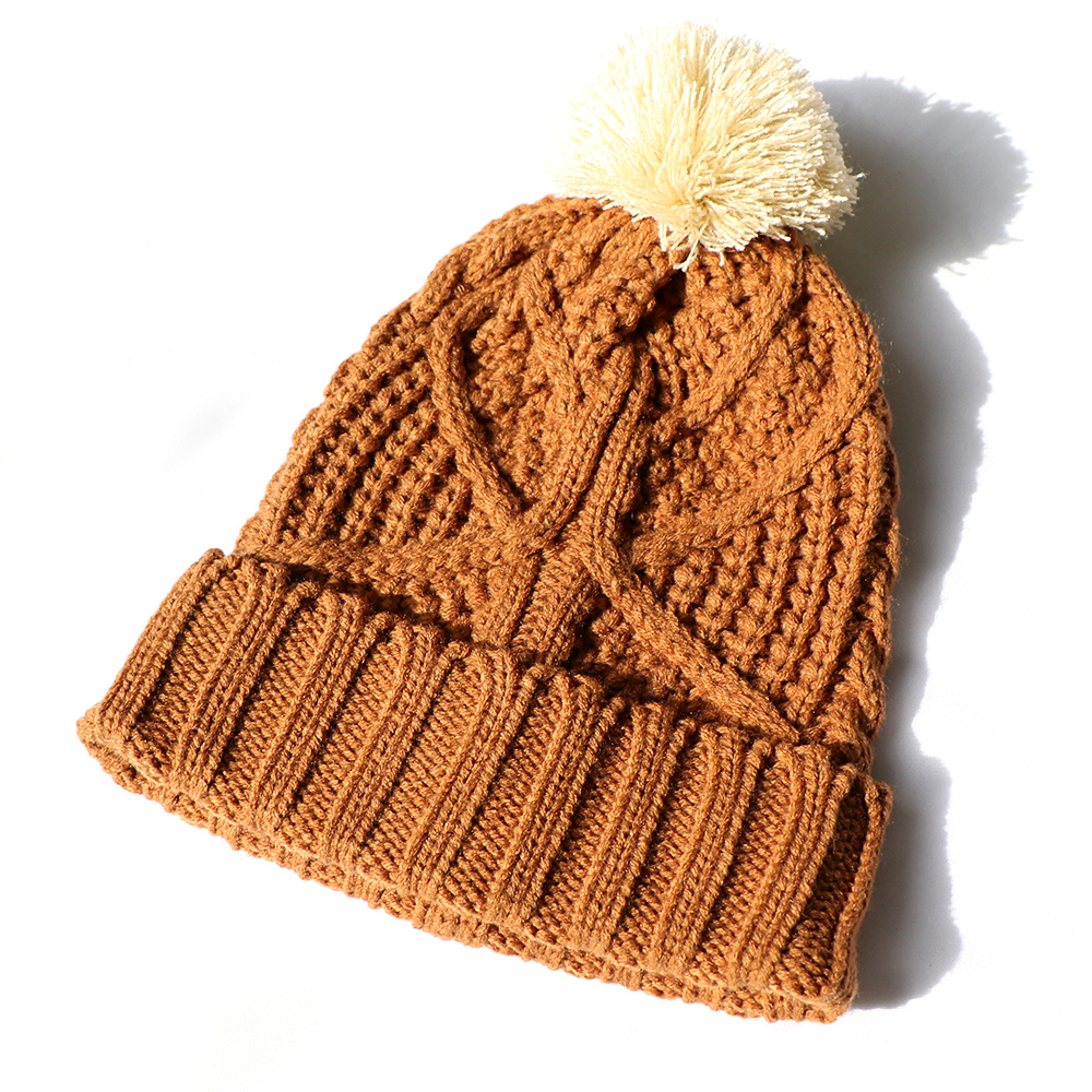 Caramel Cable Knit Cuffed Beanie with Cream Pom Pom