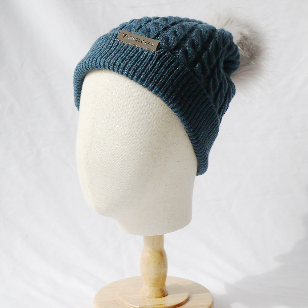 Teal Cable Knit Cuffed Beanie with Faux Fur Pom Pom