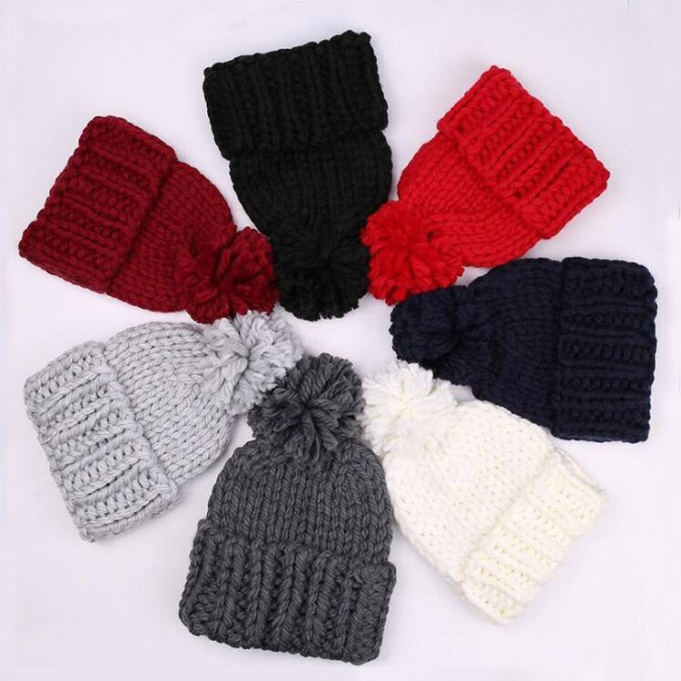Chunky Knit Pom Pom Beanie Winter Warm Cuffed Hat Set