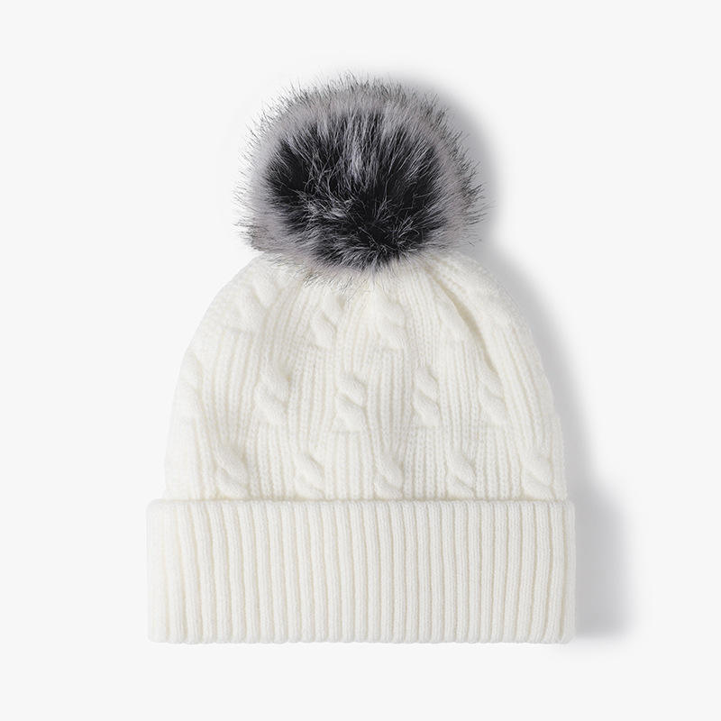 Women's Winter Cable Knit Cuffed Beanie Hat with Faux Fur Pom Pom
