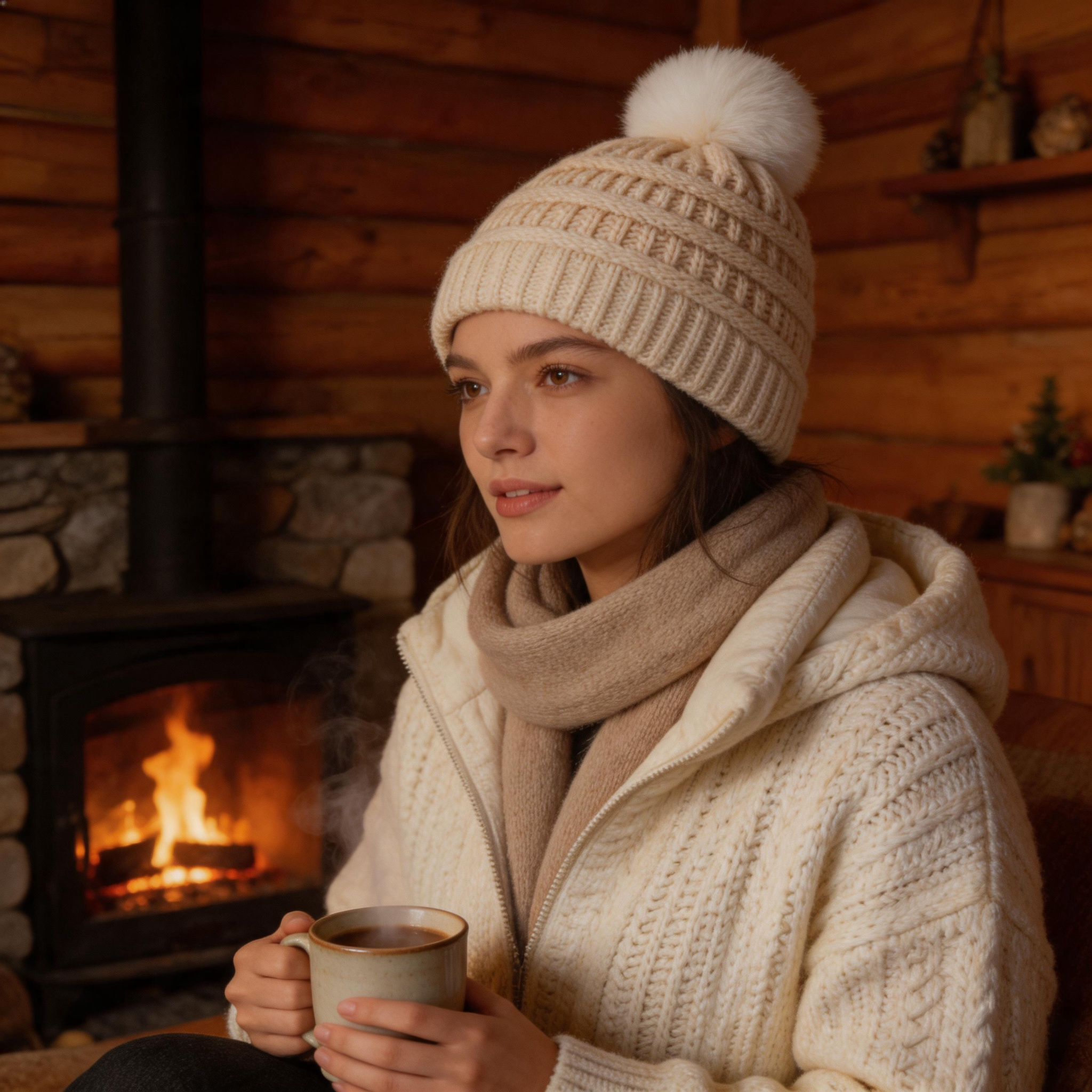 Women's Winter Cable Knit Beanie Hat with Faux Fur Pom Pom, Soft Warm Cuffed Ski Cap