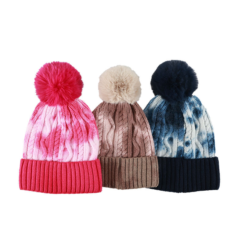Winter Warm Cable Knit Pom Pom Beanie with Folded Cuff and Faux Fur Ball