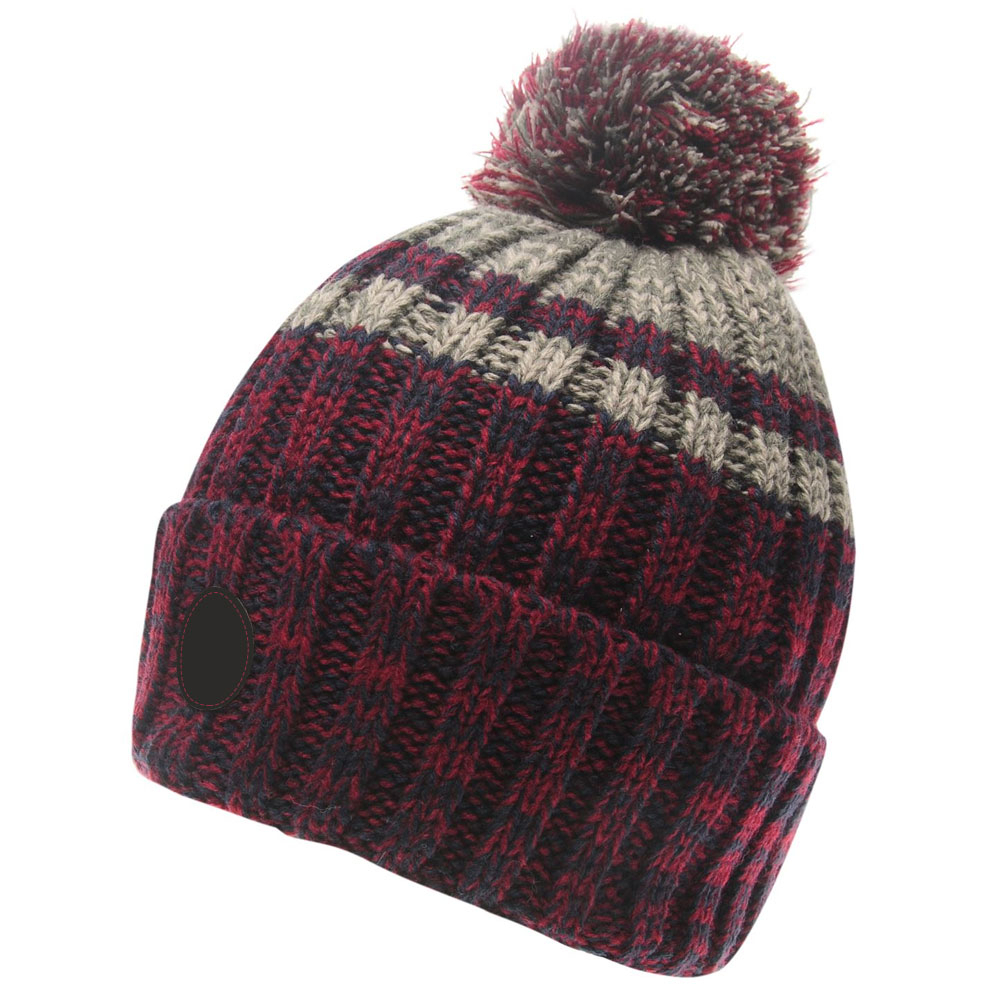 Burgundy Navy Gray Cable Knit Cuffed Pom Beanie