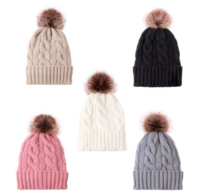Women's Winter Cable Knit Pom Pom Beanie with Faux Fur Ball