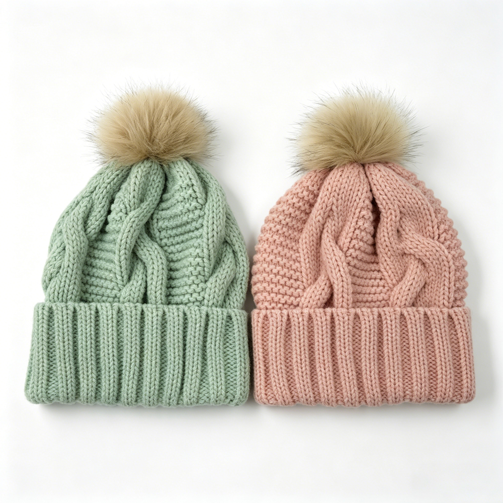Pastel Cable Knit Cuffed Beanie Hat with Faux Fur Pom Pom