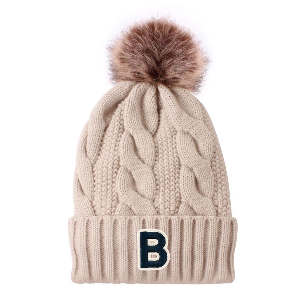 B Patch Cable Knit Cuffed Faux Fur Pom Pom Beanie