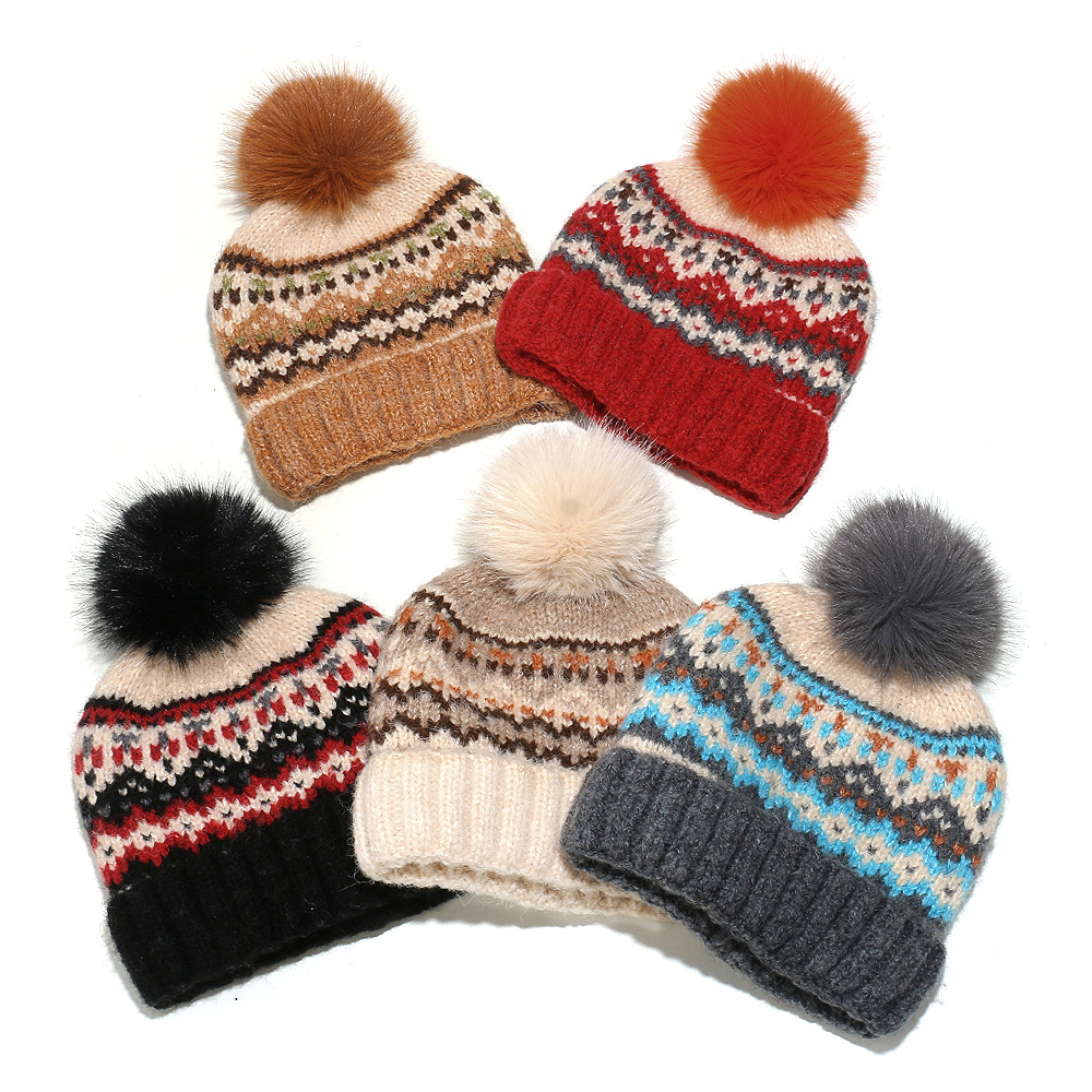 Nordic Fair Isle Winter Knit Beanie with Faux Fur Pom Pom