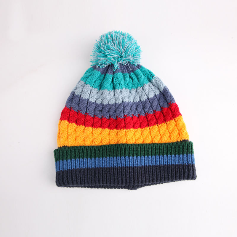 Multicolor Cable Knit Cuffed Pom Pom Beanie Hat