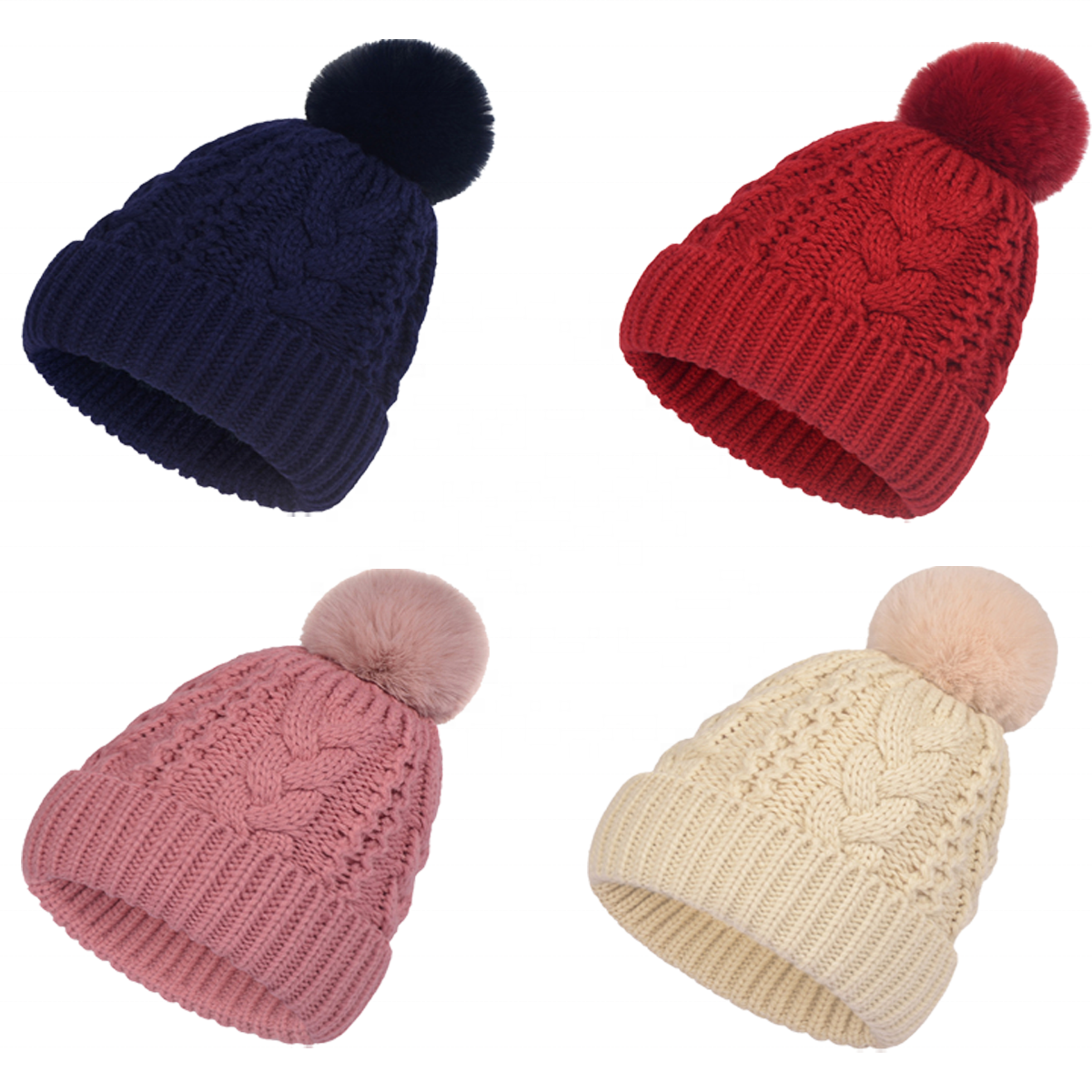 Cable Knit Cuffed Winter Beanie with Faux Fur Pom Pom
